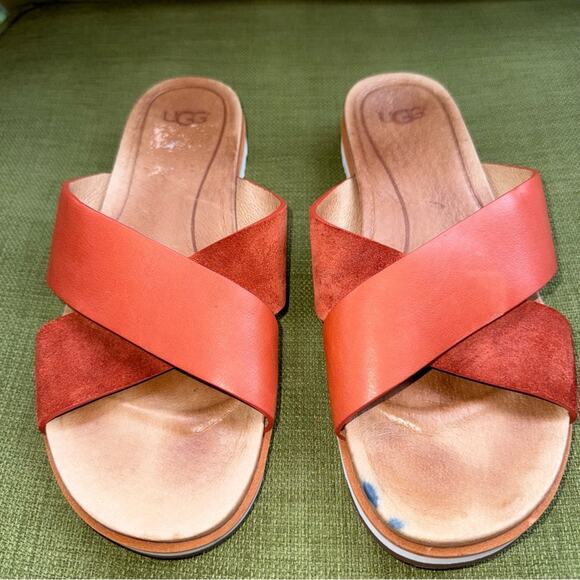 UGG Women's Kari Cinnamon Leather and Suede Cross Strap Slides Sandals Size 8 - Picture 6 of 8